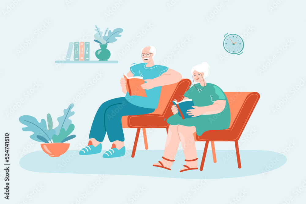 Elderly couple reading books at home or in library. Old cartoon man and woman sitting in chairs with novels flat vector illustration. Retirement, leisure, literature concept for banner, website design