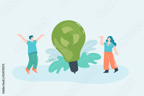 Tiny people near huge green lightbulb flat vector illustration. People taking care of ecology. Sustainable business, electricity, innovation concept for banner, website design or landing web page