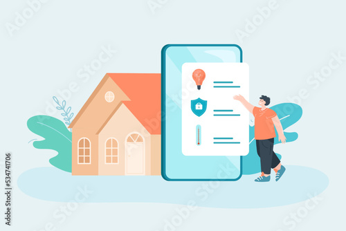 Man near phone with smart home system flat vector illustration. Tiny owner controlling lighting and temperature through app. Security, automation concept for banner, website design or landing web page