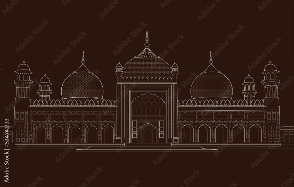 Badshahi Mosque Lahore Line art Pakistan Historical Architecture 
