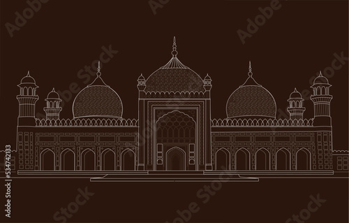 Badshahi Mosque Lahore Line art Pakistan Historical Architecture 