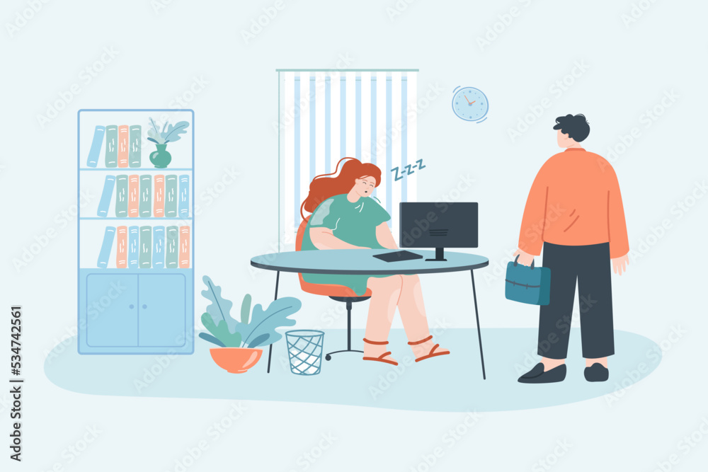 Employer looking at female worker sleeping in office. Tired employee asleep in workplace flat vector illustration. Exhaustion, fatigue, job concept for banner, website design or landing web page Employer looking at female worker sleeping in office. Tired employee asleep in workplace flat vector illustration. Exhaustion, fatigue, job concept for banner, website design or landing web page