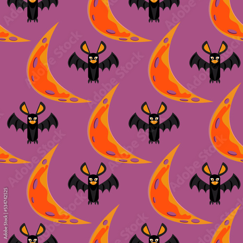 Texture with bats in cartoon style and moon. Seamless vector pattern on the theme of Halloween, children's print © Alesia