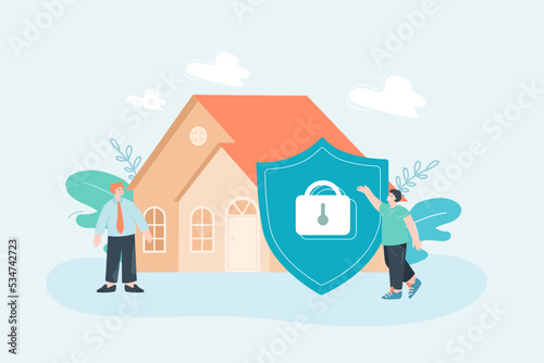 Huge shield protecting house flat vector illustration. Tiny man protecting his property. Safety, protection, insurance, defense concept for banner, website design or landing web page