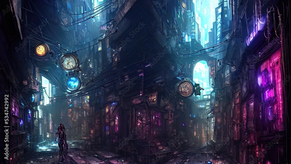 Cyber ​​city, neon light, narrow street, night quarter. Abstract city, neon night. 3D illustration.
