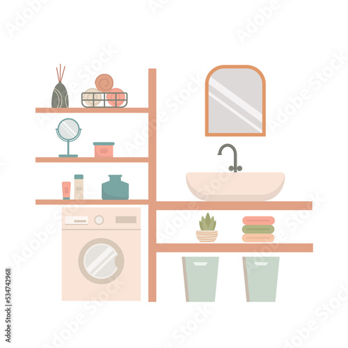 Modern bathroom illustration. Bath interior with sink, mirror, washing machine. Bath equipment and items.