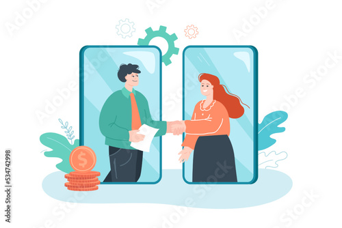 Business people on phone screens shaking hands. Employee and employer making deal flat vector illustration. Finances, employment, cooperation concept for banner, website design or landing web page