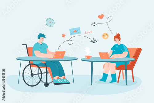 Man in wheelchair and woman sending messages via laptop. Guy with disability talking to girl flat vector illustration. Disability, communication, accessibility concept for banner, website design