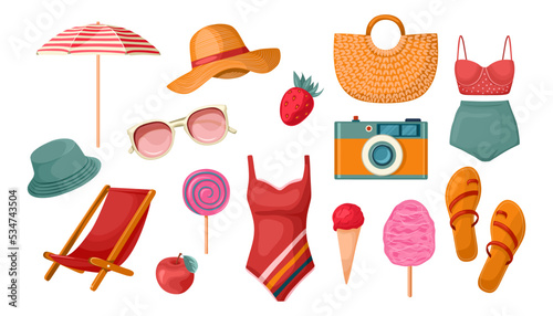Summertime or beach elements vector illustrations set. Relaxing vacation stuff, collection of cartoon drawings of vintage summer clothing on white background. Summer, relaxation, traveling concept
