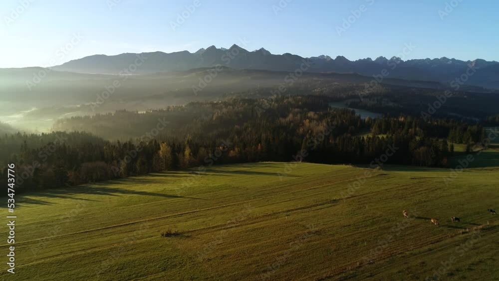 Mountain aerial, epic view. Fall, autumny mountain landscape with morning fog, Tatra high mountains in the sunny morning after sunrise. Drone footage of misty forest and magical alpine scenery Mountain aerial, epic view. Fall, autumny mountain landscape with morning fog, Tatra high mountains in the sunny morning after sunrise. Drone footage of misty forest and magical alpine scenery