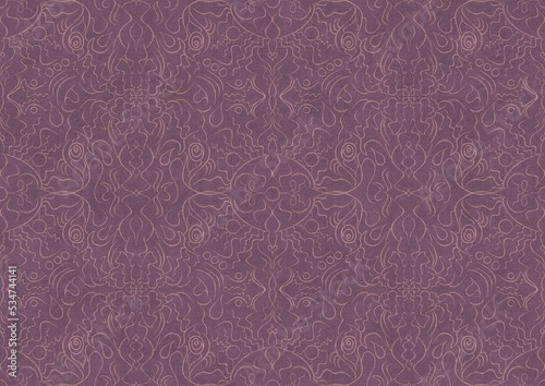 Hand-drawn abstract seamless ornament. Pale pink on a purple background. Paper texture. Digital artwork, A4. (pattern: p07-1b)