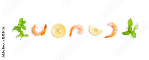 Fototapeta Naklejka Na Ścianę i Meble -  Peeled shrimp, Peppermint or Mentha x piperita and Lemon slice on white background, Food ingredient, Seafood
