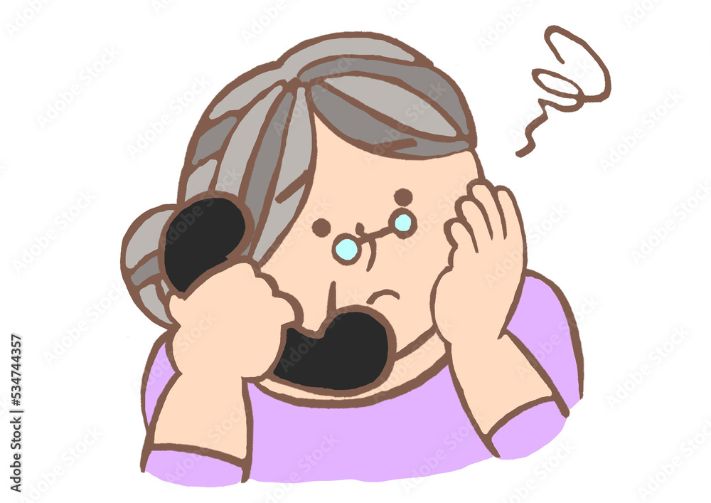 レトロな黒電話で悩み事の相談をする高齢女性のイラスト
