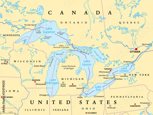 Great Lakes of North America political map. Lakes Superior, Michigan, Huron, Erie and Ontario. Series of large interconnected freshwater lakes on or near the border of Canada and of the United States. photo
