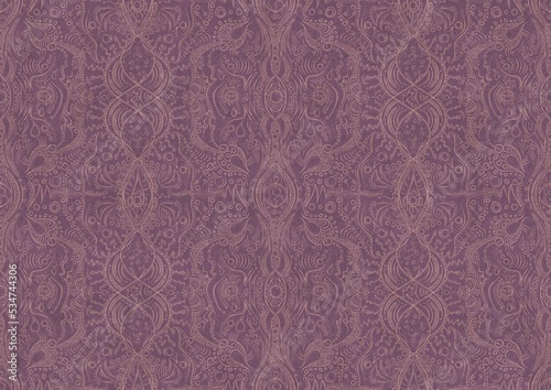 Hand-drawn abstract seamless ornament. Pale pink on a purple background. Paper texture. Digital artwork, A4. (pattern: p09b)