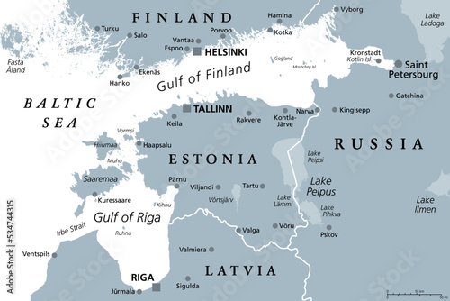 Gulf of Finland and Gulf of Riga region, gray political map. The Nordic countries Finland, Estonia and Latvia with their capitals, and the seaway from the Baltic Sea to Saint Petersburg, Russia.
