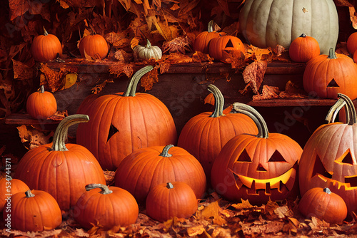 Halloween Kürbisse auf Laub