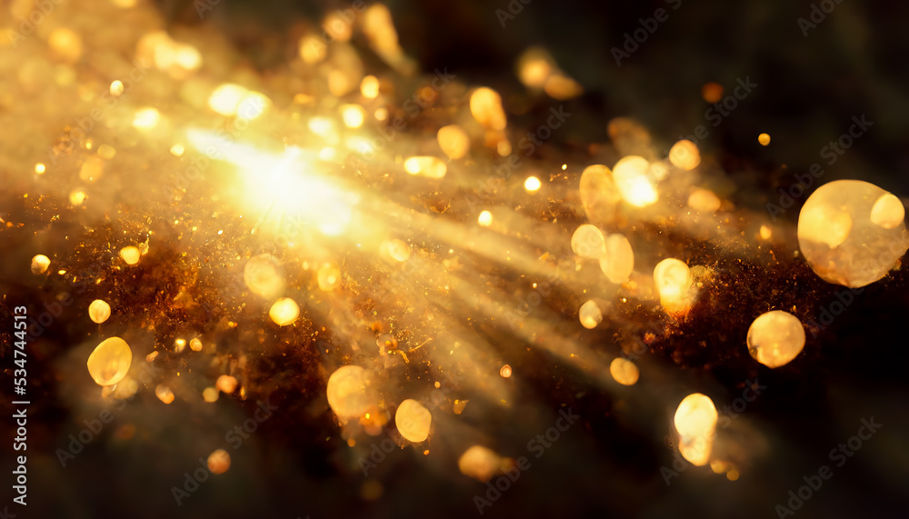 glitter vintage lights texture. gold abstract background. Golden rays and sparkles. defocused circle bokeh. 3D Rendering