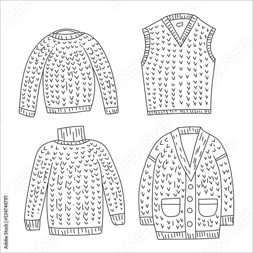 Vintage line art illustration with doodle knitted sweaters on white background for fabric design. Handmade drawing vector illustration. Vector line illustration.