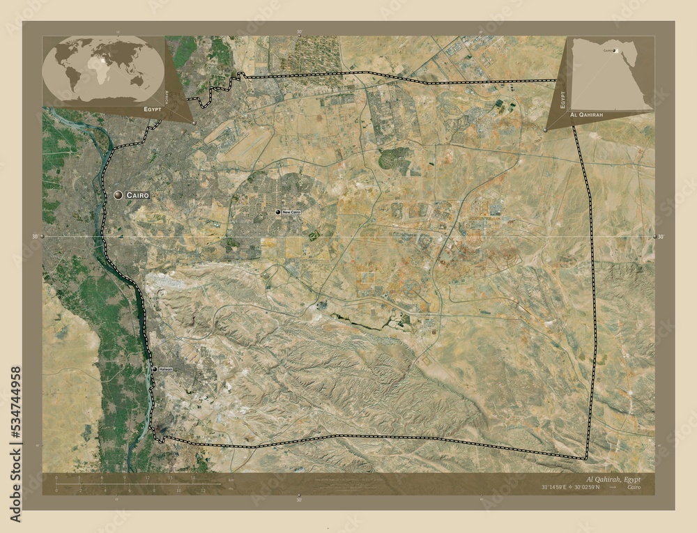 Fototapeta premium Al Qahirah, Egypt. High-res satellite. Labelled points of cities
