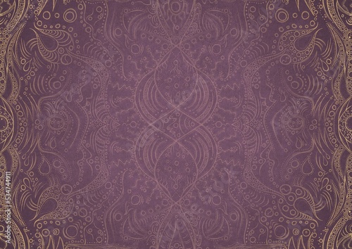 Hand-drawn unique ornament. Light semi transparent pink on a purple background, with vignette of same pattern in golden glitter on a darker background color. Paper texture. A4. (pattern: p09a)