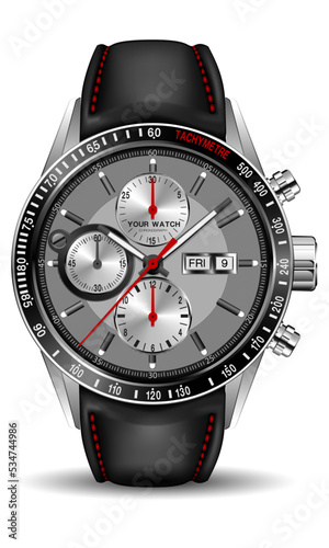 Realistic clock watch chronograph silver black red leather strap for men luxury on isolated background vector