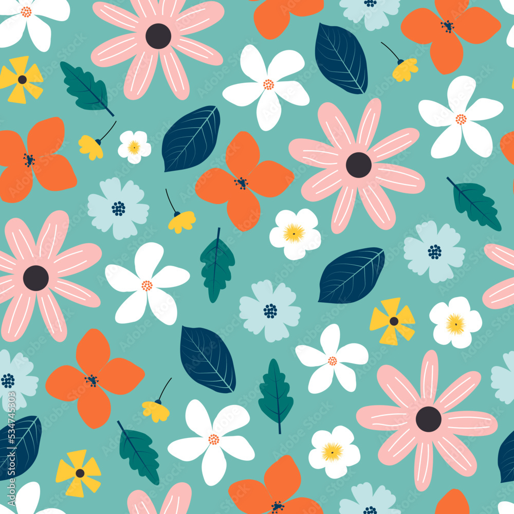 Modern pretty ditsy floral seamless pattern design for surface printing. Abstract flowers and leaves. Repeat texture background