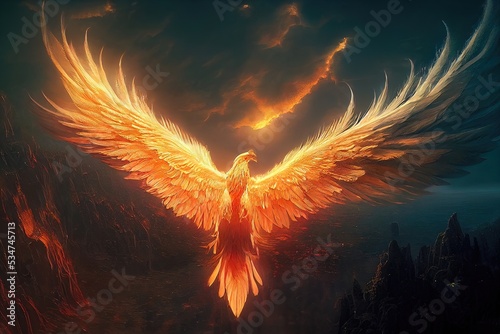 Phoenix bird risen from the ashes, fire bird. Burning bird. 3D illustration. photo