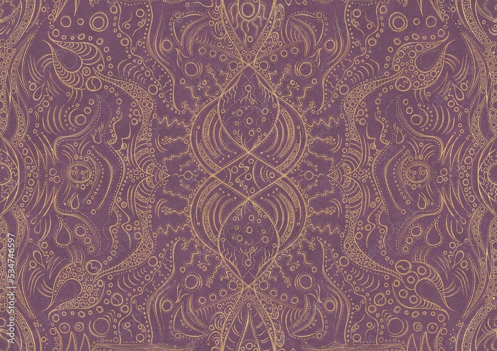 Hand-drawn unique abstract symmetrical seamless gold ornament on a purple background. Paper texture. Digital artwork, A4. (pattern: p09a) Hand-drawn unique abstract symmetrical seamless gold ornament on a purple background. Paper texture. Digital artwork, A4. (pattern: p09a)