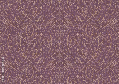 Hand-drawn unique abstract symmetrical seamless gold ornament on a purple background. Paper texture. Digital artwork, A4. (pattern: p08-2b)