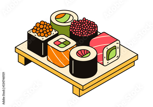 Vector 3d illustration of traditional asian food, serving sushi on board. Seafood icons, japanese cuisine. Rolls with rice, fish, salmon, avocado and seaweed