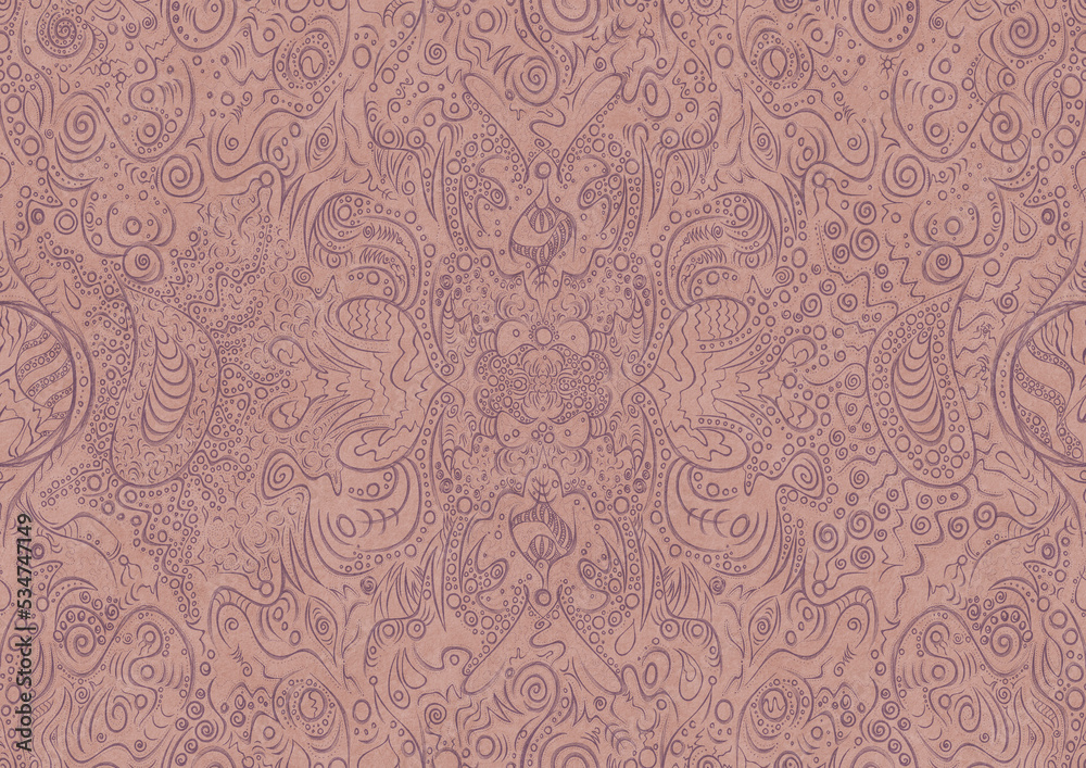 Hand-drawn abstract seamless ornament. Purple on a pale pink background. Paper texture. Digital artwork, A4. (pattern: p04a) Hand-drawn abstract seamless ornament. Purple on a pale pink background. Paper texture. Digital artwork, A4. (pattern: p04a)