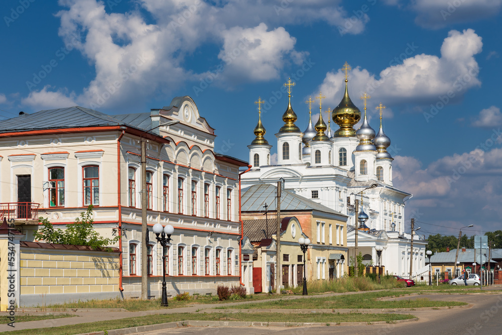Historical center of Russian town with old buildings and Orthodox cathedral in daylight Shuya Russia