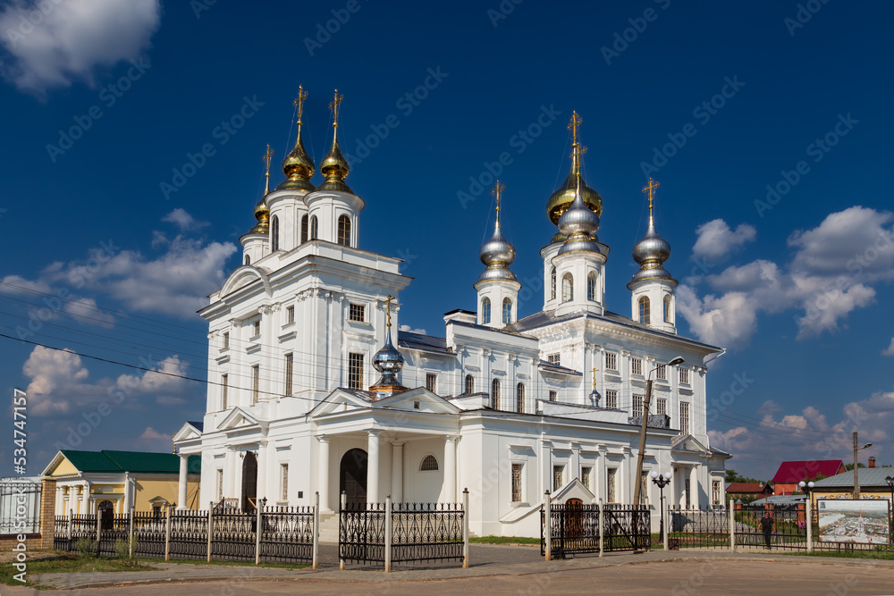 Historical center of Russian city with old large whitewashed orthodox cathedral, Shuya, Russia