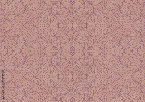 Hand-drawn abstract seamless ornament. Purple on a pale pink background. Paper texture. Digital artwork, A4. (pattern: p02-2b)