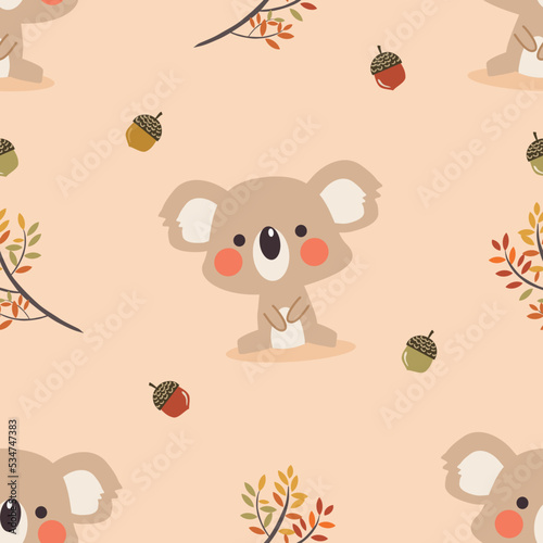 Cute Koala and Autumn Leaves Seamless Pattern