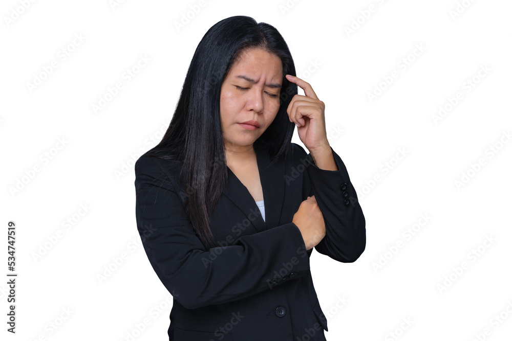 Tired stressed middle-aged businesswoman suffering from headaches at work. Upset sick lady massaging head feeling migraine from overwork or menopause isolated on white background. Health care concept Tired stressed middle-aged businesswoman suffering from headaches at work. Upset sick lady massaging head feeling migraine from overwork or menopause isolated on white background. Health care concept