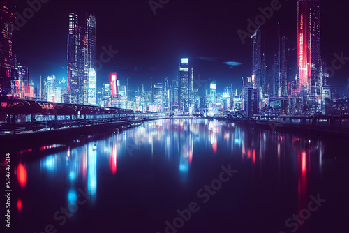 3d render illustration of night futuristic city with neon lignts and reflection on water