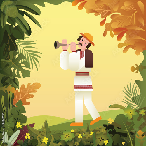 Flat male character of a hutsul peasant in traditional ukrainian hutsul in folk clothes and straw hat playing wooden flute. Forest plants frame. Vector slavic folklore illustration. photo