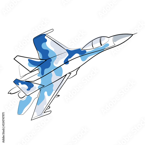 Air Force su 27 AB fighter line drawing vector illustration isolated on white background.Ukrainian Air Force Minmalistic art
