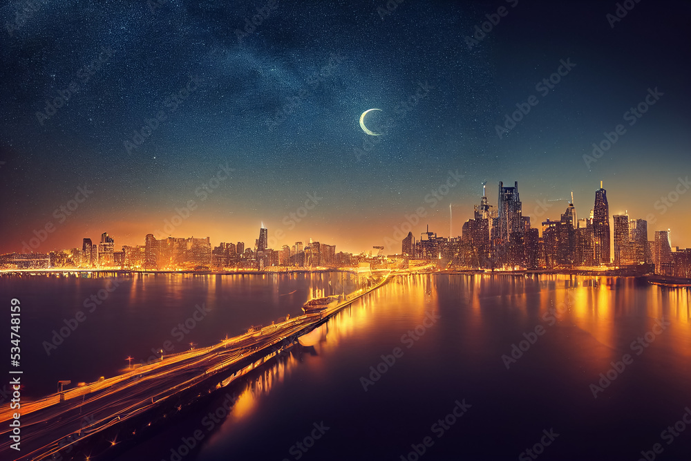 3d illustration of night city with a bright lights and stars on sky