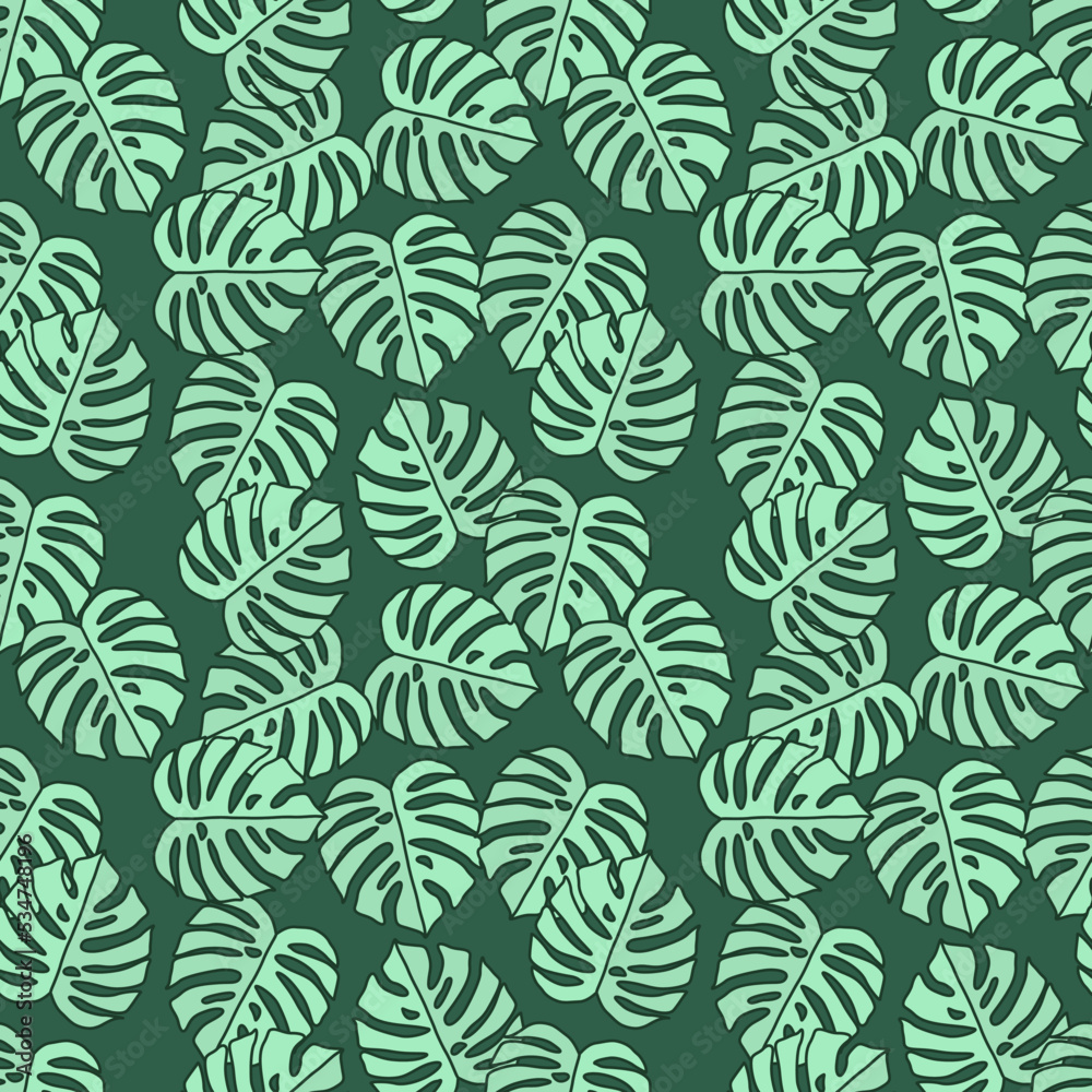 Outline monstera silhouettes seamless pattern. Palm leaves endless background. Botanical wallpaper.
