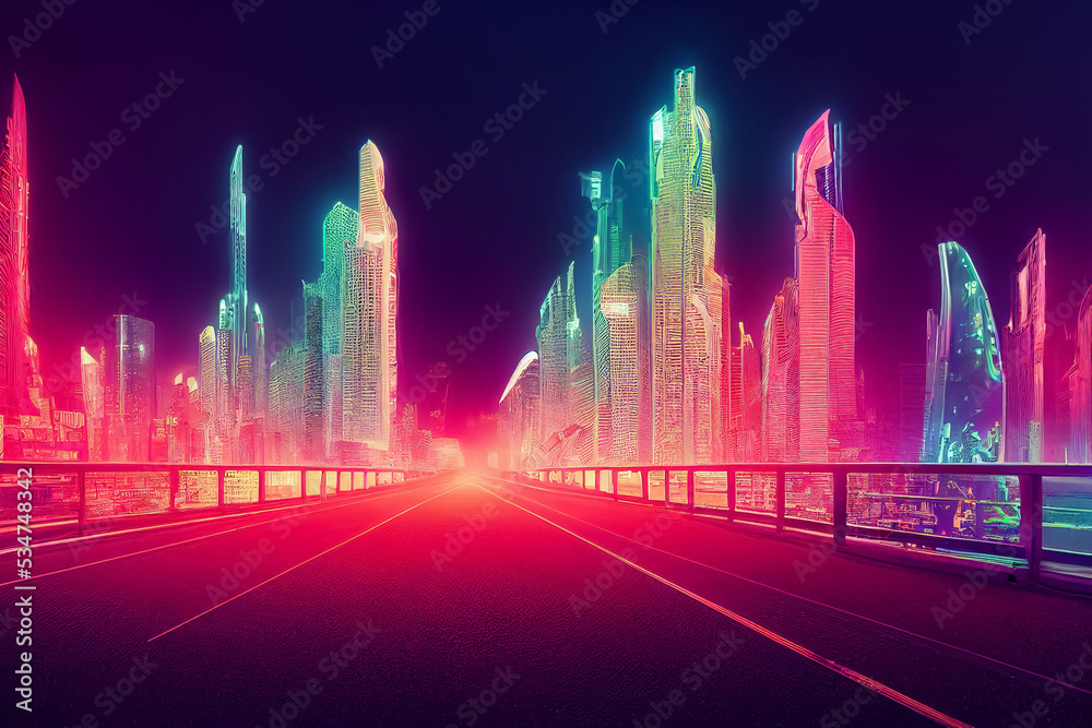 3d render illustration of night futuristic city with neon lignts