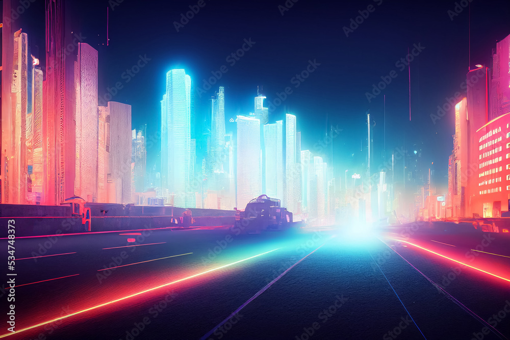 3d render illustration of night futuristic city with neon lignts and road