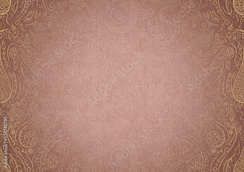 Hand-drawn unique ornament. Light semi transparent pale pink on a pale pink background, with vignette of same pattern in golden glitter on a darker background color. Paper texture. A4. (pattern: p01a)