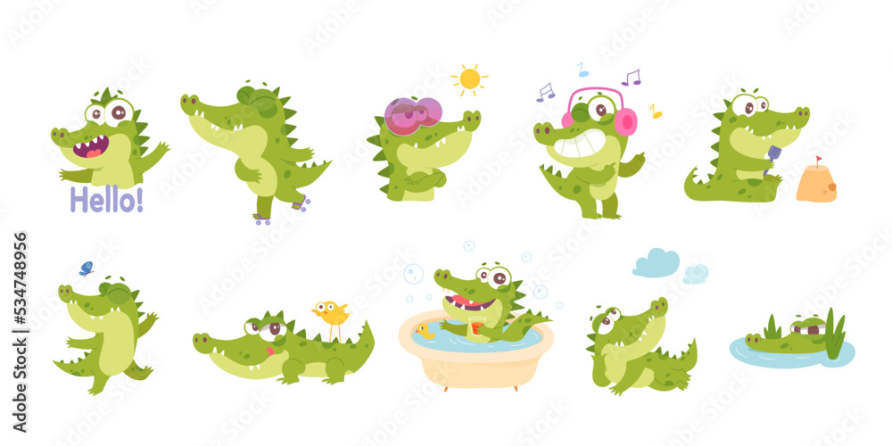 Cute crocodile character with friends set, funny animation of adorable baby alligator Cute crocodile character with friends set, funny animation of adorable baby alligator