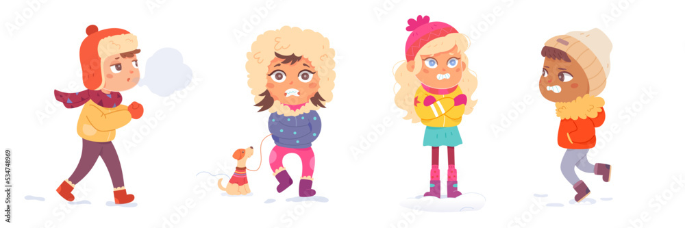 Children shivering from winter cold set, kids wearing warm coats, hat, mittens and boots Children shivering from winter cold set, kids wearing warm coats, hat, mittens and boots