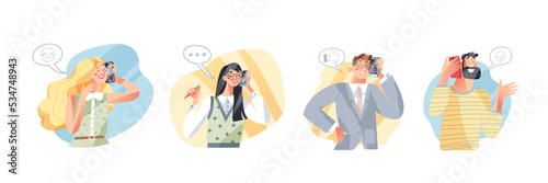 Man and woman call mobile phone and talk set, person holding smartphone for communication