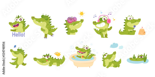 Cute crocodile character with friends set, funny animation of adorable baby alligator