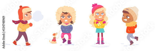 Children shivering from winter cold set, kids wearing warm coats, hat, mittens and boots © backup_studio